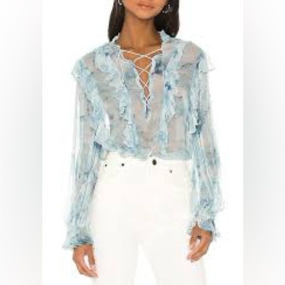 IRO Cruis Light Blue Chiffon Ruffle Blouse Lace-Up Sheer — Size US 2 / FR 34 - Picture 1 of 14